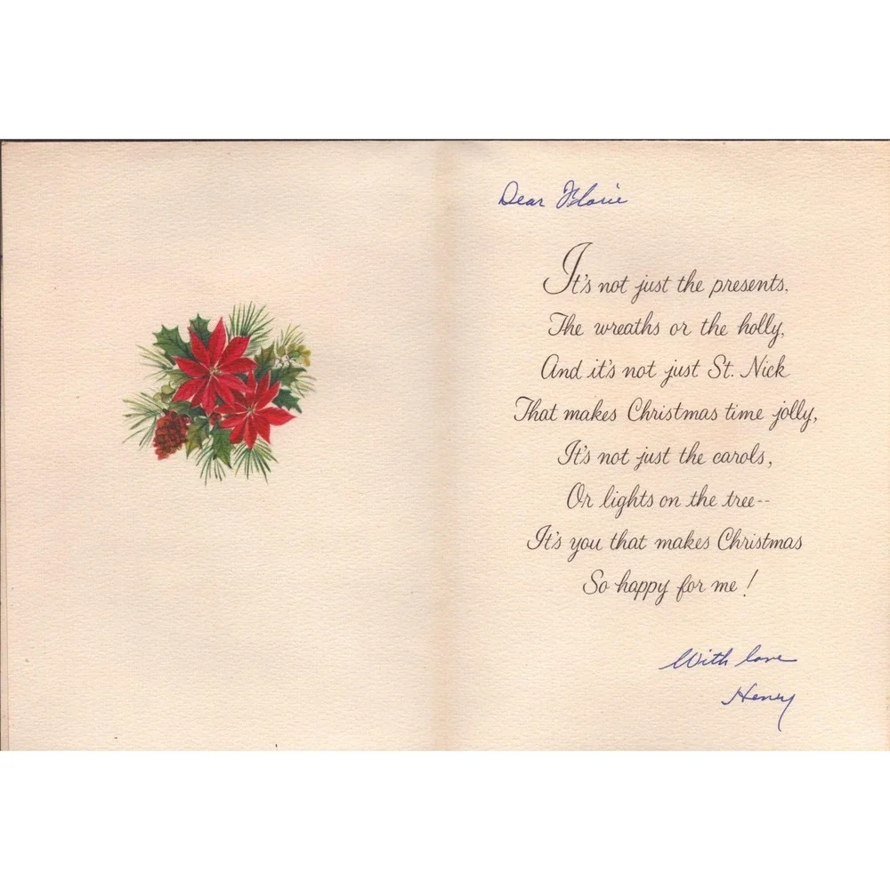 Vintage Hallmark Christmas Card To My Wife Poinsettia Red Satin Bow